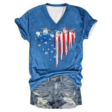 Imagem de Camiseta feminina 4th of July American Red White Blue Star Stripes Turtle Graphic Camiseta manga curta gola V camiseta casual verão, Azul, XXG