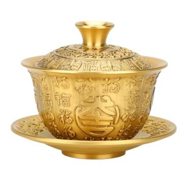 Imagem de Xícara de chá Antiga de 300ML, Conjunto de chá Chinês Tradicional Xícara de chá de Latão Com Padrão de Fortuna Em Relevo Com Tampa e Pires para Amantes de chá Em Sala de Estar de