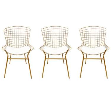 Imagem de Cadeira para Cozinha Bertoia cor Dourado Fosco assento branco tubular 