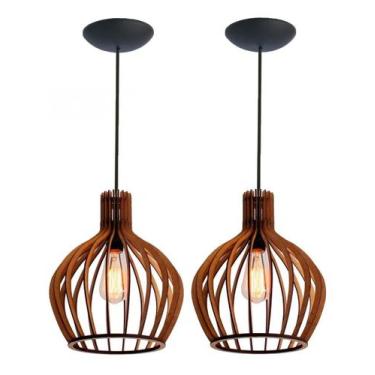 Imagem de KIT 2 Luminária Lustre Pendente Madeira Redondo Munique 30cm - My Lamp