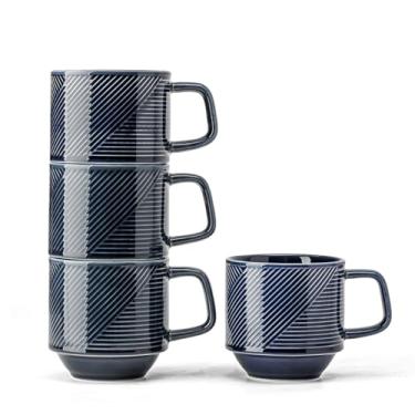 Imagem de Adewnest Conjunto de canecas de café empilháveis: Copos empilháveis de cerâmica de 368 g para chá de cappuccino Latte - Caneca segura para micro-ondas para casa e escritório - 4 peças, azul marinho
