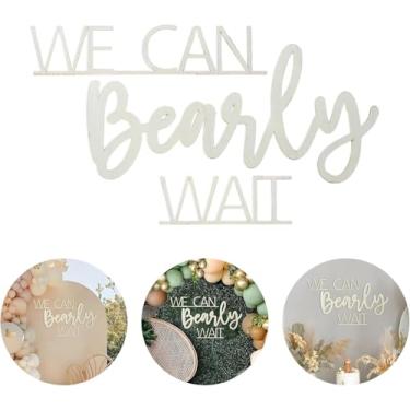 Imagem de Placa We Can Bearly Wait para decoração de chá de bebê de ursinho de pelúcia, pano de fundo revelador de gênero para bebê, menino, menina, adereços para fotos de anúncios de bebê (de madeira)