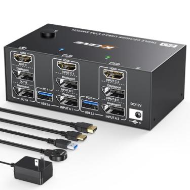 Imagem de AIMOS Kvm Switch 3 Monitores 2 Computadores, Kceve Usb 3.0 Hdmi + Displayport 8K @ 30 Hz/4K @ 144 Hz Monitor Triplo Dp Kvm Switcher para 2 Computadores Share 3 Display e 4 Dispositivos Usb 3.0, Contro