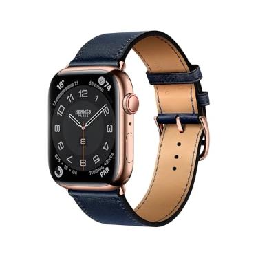 Imagem de DONEGANI Pulseira de couro LB1 para Apple Watch feminino e masculino Se Ultra 2 de 40 mm, 44 mm, 46 mm, 42 mm, 45 mm, 41 mm, 38 mm, 49 mm, séries 10, 9, 8, 7, 6, 5, 4 3, 3, iWatch azul escuro