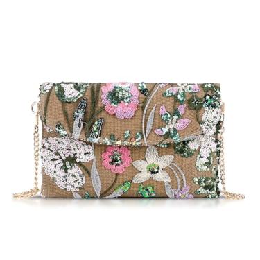 Imagem de QTKJ Bolsas clutch para mulheres, pacote de envelope, bolsa de palha com flores bordadas de lantejoulas, bolsas de mão boêmias feitas à mão, rosa, One Size