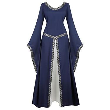 Imagem de Zhitunemi Vestido feminino renascentista, fantasia medieval de Halloween, vestido gótico, Azul escuro, M