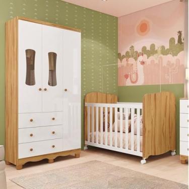 Imagem de Quarto de Bebê Guarda Roupas 3 Ptas 3 Gavetas e Berço100% MDF Lana Espresso Móveis Branco Brilho/Amêndoa