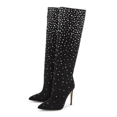 Imagem de UNWRBD Botas femininas longas de camurça com strass de 8 cm, bico fino, salto agulha de diamante completo, Preto, US7.5 EU40