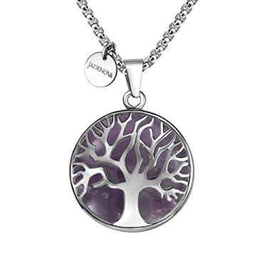 Imagem de JADENOVA Colar de árvore genealógica com pingente de cristal de pedra preciosa árvore da vida, corrente de aço inoxidável de 61 cm, Medium, Aço inoxidável Gema, Ametista