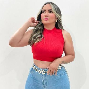 Imagem de Blusa Feminina Estilo Cropped Canelado Top Moda Blogueira Gola Alta - 