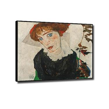 Imagem de Impressão em tela clássica de arte de parede de Egon Schiele-Famous Reprodução de pinturas a óleo - 'Retrato de Wally Quadro de arte emoldurada para decoração de casa moldura preta 60x80 cm (24x31