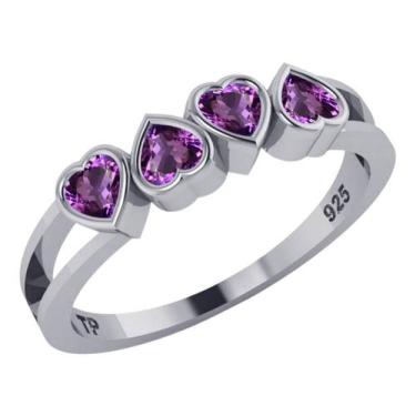 Imagem de Anel Meia Aliança Prata 925 Corações Ametista - Exclusivo - Tudo Prata