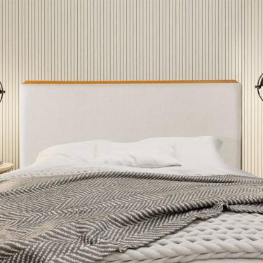 Imagem de Cabeceira Cama Box Casal 1,40m Estofada Detalhe em Madeira Java Linho Crú