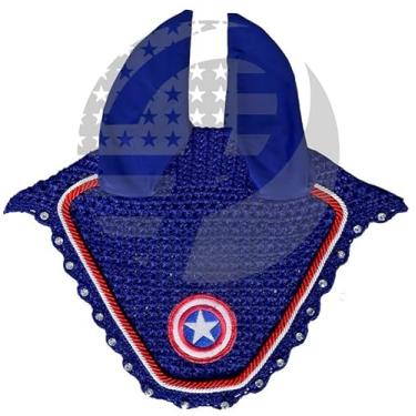 Imagem de Capota de orelha de cavalo do Capitão América véu de crochê para equitação completo/espiga/pônei (COB)