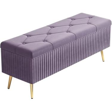 Imagem de Banqueta retangular de veludo dobrável para armazenamento contra incêndios, armazenamento de grande capacidade, adornado com botões e pernas antiderrapantes, 60 x 40 x 45 cm, roxo