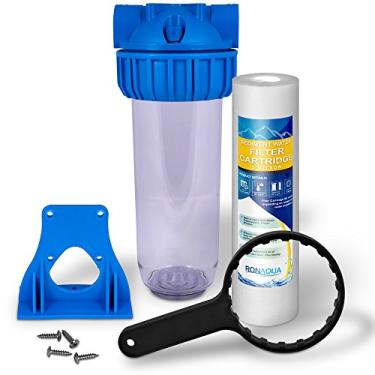 Imagem de Sistema de filtro de água transparente padrão transparente de 25,4 cm com botão de alívio de pressão, porta de latão de entrada/saída de 3/4" e cartucho de sedimento de 5 mícrons, atende aos padrões e regulamentos da NSF