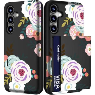 Imagem de IWONE Capa para celular compatível com Samsung Galaxy S24 FE fofa com porta-cartões/S24FE Slim Slot Wallet Phone Cover for Women/Rose Leaves Abstract Flowers Floral Art Cartoon Plants
