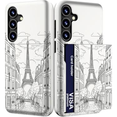 Imagem de IWONE Capa para celular compatível com Samsung Galaxy S24 FE fofa com porta-cartões/S24FE Slim Slot Wallet Phone Cover for Women/Torre Eiffel Paris França Rua Cidade Nuvens Desenho