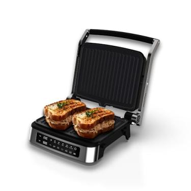 Imagem de Grelha e chapa de contato multifuncional, fogão, bandeja coletora removível e placas revestidas antiaderentes, churrasqueira interna elétrica 3 em 1 com 5 modos automáticos, controle de temperatura e
