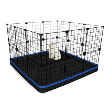 Imagem de Cercado Pet para Coelho Filhotes de Cachorro Porquinho da Índia 90x90x60cm com Bandeja Higiênica Tapete Impermeável Fácil de Limpar (Tela Branca e Tapete Azul)