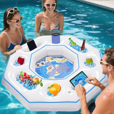 Imagem de Lanathel Mesa de jogo inflável octogonal com cartas de baralho à prova d'água, jogos de bar de sinuca inflável para adultos, bandeja de mesa de bar portátil flutuante para banheira de hidromassagem ou