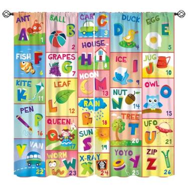 Imagem de Cortinas de alfabeto ABC para crianças, brincar e aprender jogo de tabuleiro, tratamentos blecaute para janela, cortinas com isolamento térmico para varão, conjunto de 2 painéis para quarto de