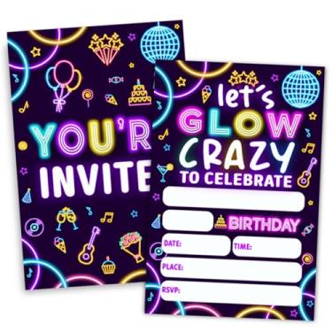 Imagem de Doguiei Let's Glow Crazy, Convites de festa de aniversário com tema brilhante, cartão de convites de festa com tema neon para meninos e meninas (30 cartões e 30 envelopes)