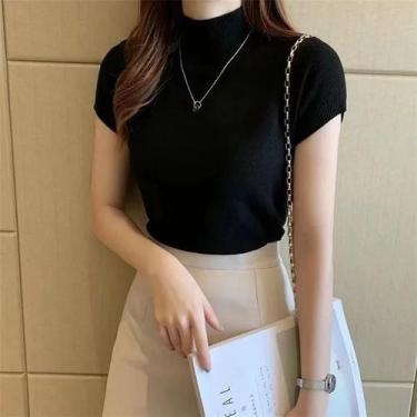 Imagem de Blusa de Malha com Gola Alta e Manga Curta - Moda Feminina para Verão,