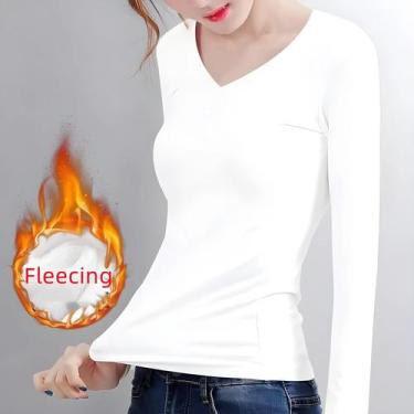 Imagem de Camiseta Feminina Térmica de Veludo Preto - Manga Comprida, Gola Redon