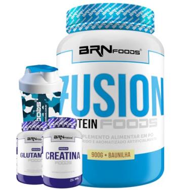 Imagem de Kit Whey Protein Fusion 900g + Premium Creatina 100g + Premium Glutamina 100g + Coqueteleira - BRN Foods (Médio, Baunilha)