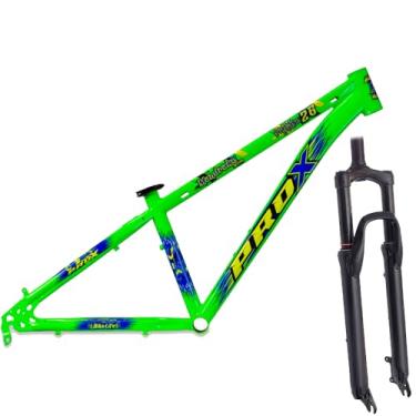 Imagem de Kit Quadro Bicicleta Aro 26 PRO-X Freeride Grau e Manobras Resistente + Garfo de Suspensão Dianteiro 80mm,Verde Azul Amarelo
