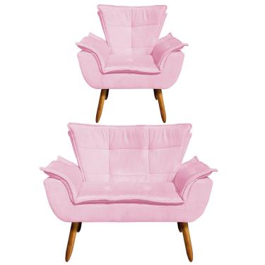 Imagem de Kit 1 Namoradeira e 1 Poltrona Opala Suede Rosa Bebê Drossi