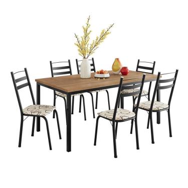 Imagem de Conjunto de Mesa Retangular com Tampo de MDP Amadeirado e 6 Cadeiras Adriana III Revestimento Sintético Cedro e Preto