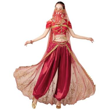 Imagem de yrsZX Fantasia feminina de jasmim, fantasia de fada de princesa árabe, cosplay de Halloween, fantasia de dança do ventre, Vermelho vinho 04, G