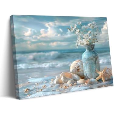 Imagem de Tela de banheiro azul praia arte de parede paisagem costeira floral vaso floral imagem verão concha estrela do mar flor branca decoração de parede tema oceano impressão de pintura para sala de estar