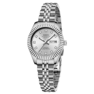 Imagem de NIBOSI Relógios femininos analógicos de quartzo com mostrador de aço inoxidável, pulseira de dois tons, dourado, prata, luminoso, à prova d'água, delicado, clássico, luxuoso, diamante, elegante