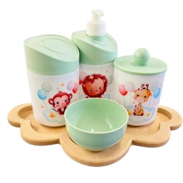 Imagem de Kit Higiene Baby Safari Menino e Menina c/bandeja em MDF (NUVEM CRUA/VERDE, Leão/Macaco/Girafa - Balões)