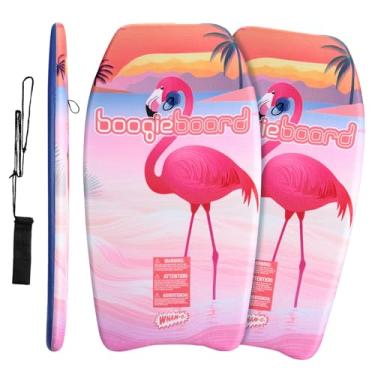 Imagem de WHAM-O Body Board de 83,8 cm para praia, 2 pacotes de bodyboard leve com núcleo EPS, pranchas de boogie revestidas de fibra com coleira de pulso para crianças, adolescentes e adultos – Flamingo