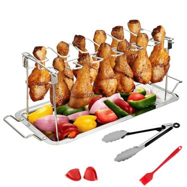 Imagem de Suporte para Coxas de Frango para Grelha,Suporte Para Asas Com 12 Espaços E Bandeja De Resíduos | Suporte para Assador com Escova de Óleo e Pinças para Assar em Churrascos e Piqueniques