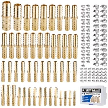 Imagem de Ailbiuko Encaixe de mangueira de latão 48 peças, acessórios de mangueira de emenda de farpa 1/20.3 cm 3/40.6 cm 1/10.2 cm 5/40.6 cm 3/20.3 cm 1/5.1 cm 5/20.3 cm 3/10.2 cm com 96 braçadeiras de