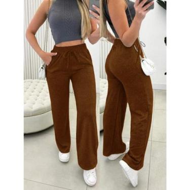 Imagem de Calça pantalona de lazinho feminina cintura alta com bolso pra inverno
