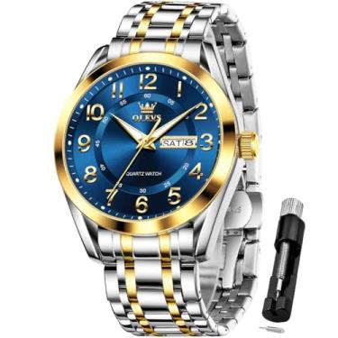 Imagem de OLEVS Relógios masculinos de negócios, numeração grande, fácil de ler, relógio de quartzo, aço inoxidável, à prova d'água, luminoso, data, casual, masculino, relógio azul masculino, relógio masculino