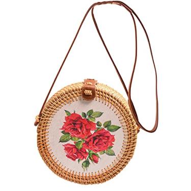 Imagem de SHAREYOIU Bolsas de ombro redondas de vime estampadas à mão estilo praia tropical natural chique com alça de couro, 16, Big，7.87x 3.2 inch