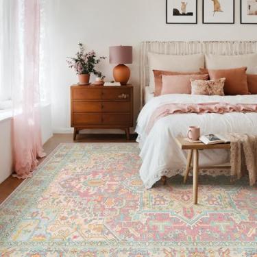 Imagem de Kokia Tapetes laváveis de 10 x 15 cm rosa laranja com design vintage oriental, tapete macio para sala de estar ou quarto, antiderrapante com resistência a manchas, padrão medalhão envelhecido