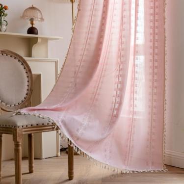 Imagem de Cortinas Boho rosa 213,4 cm de comprimento, 2 painéis para quarto de meninas, sala de estar, berçário, lindo, bordado, semitransparente, cortinas, filtro de luz, bolso para varão, privacidade
