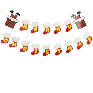 Imagem de Faixa de Feliz Natal Papel Glitter em Forma de Meia Banners para Decoração de Natal Manto Lareira Festa de Natal Parede Material de Escritório em Casa Guirlanda Pré-amarrada