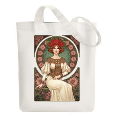 Imagem de ANATTASOUL Bolsa de lona feminina europeia e flor reutilizável de algodão para mulheres, bolsas de ombro de tecido durável com bolsos com zíper para compras, férias, trabalho, academia