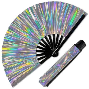 Imagem de GloFX Ventilador holográfico dobrável com coldre – Grande ventilador portátil para dança em linha, festivais, orgulho e fantasias – Ventilador de bambu alto com coldre de cinto combinando