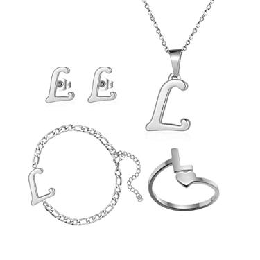 Imagem de Loqimu Pacote Com 4 Conjuntos De Joias Iniciais Aço Inoxidável Para Mulheres, Anéis Prata, Pulseira, Brincos, Pingente, Colar, Gargantilha, Corrente, Brincos Orelha, Presente (G)