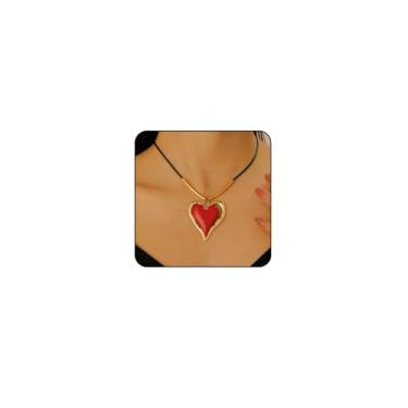 Imagem de Sora Tuki Colares de coração grosso para mulheres, colar com pingente de coração vermelho grande, colar de cordão de couro preto com pingente de coração preto, colar boho para mulheres, colar caubói